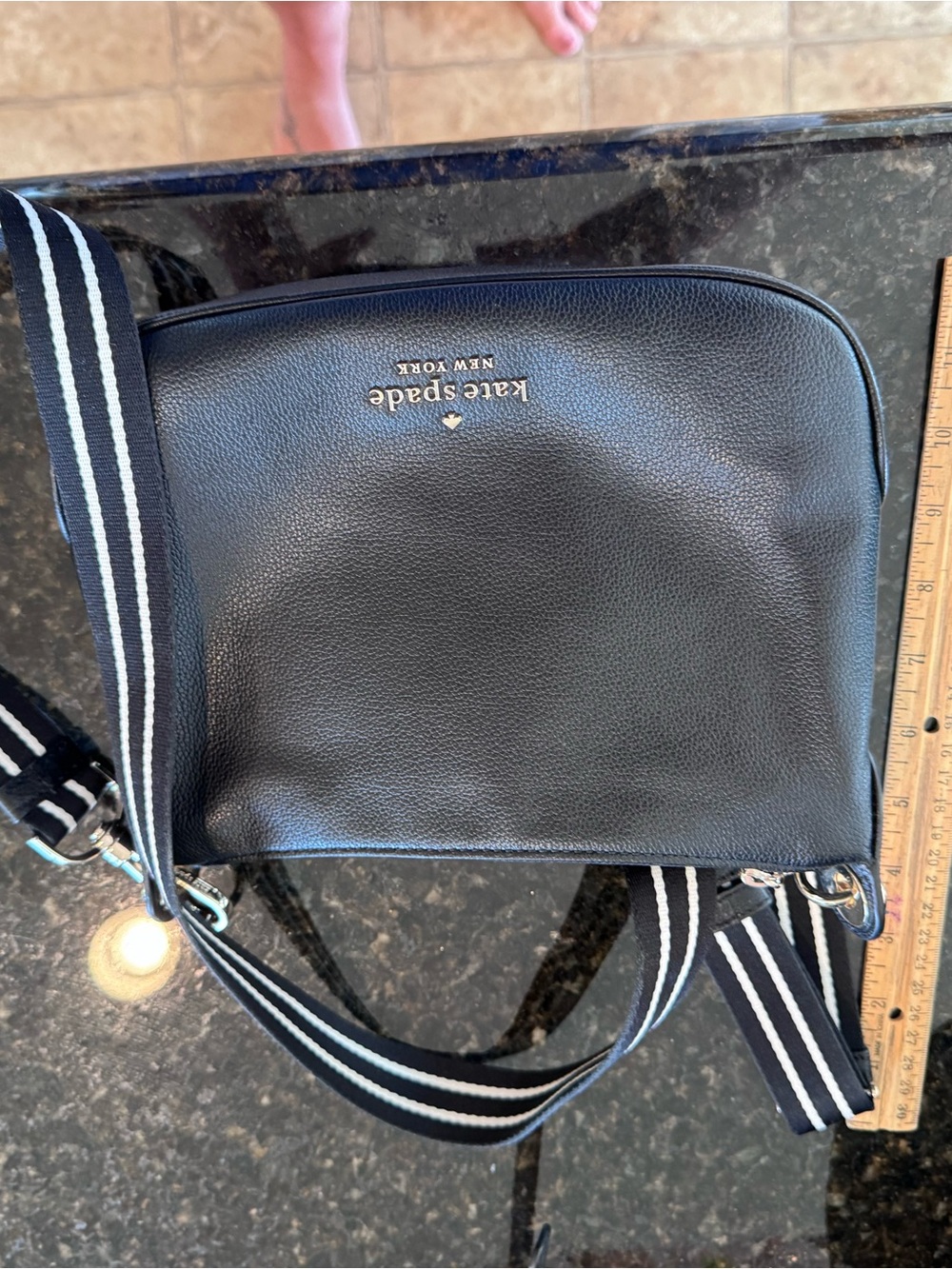 kate spade black pebbled leather messenger with striped strap